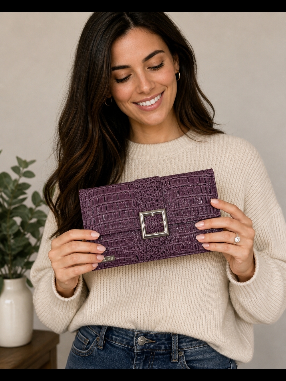Miche Purple Croc Embossed Clutch Shell Wallet Snap On Organizer